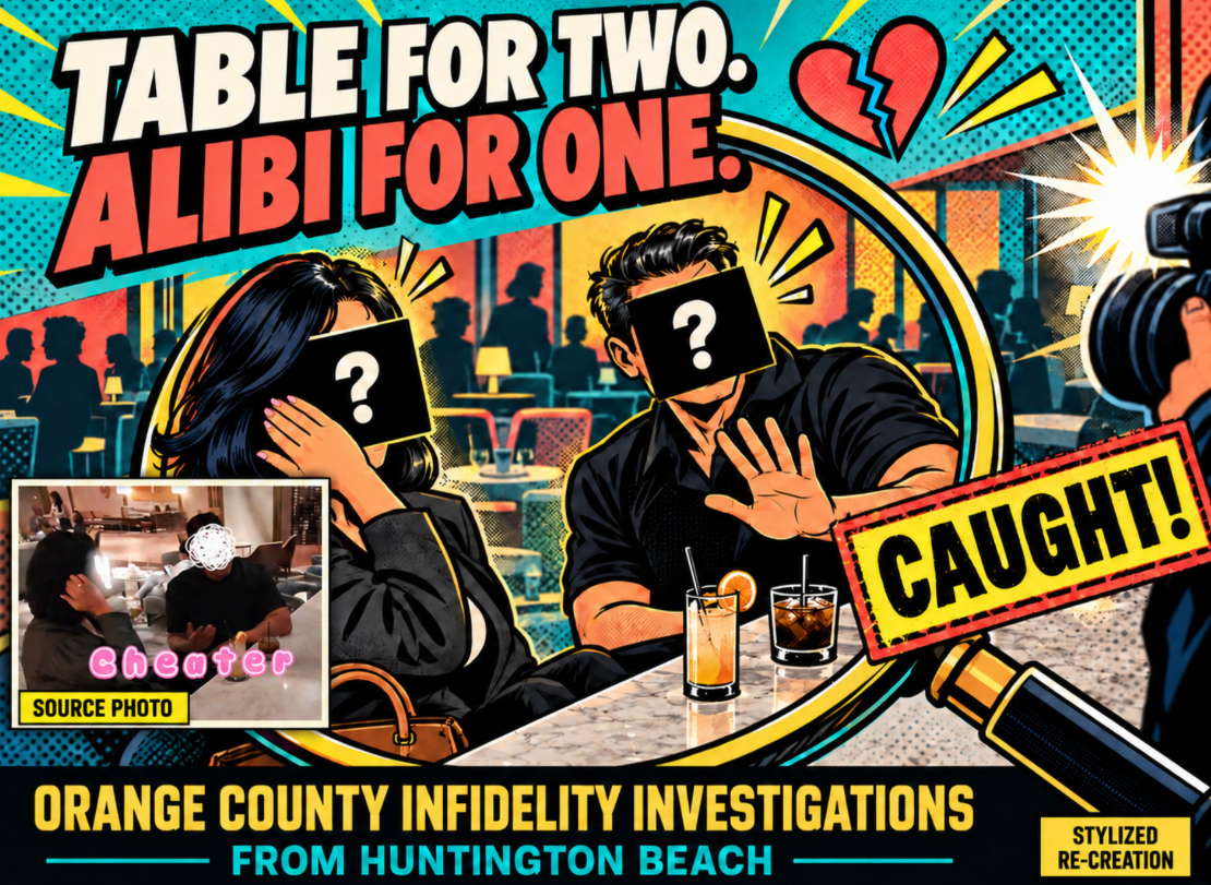 Table for two, alibi for one: comic-style Orange County infidelity investigation illustration with obscured faces and inset source photo.