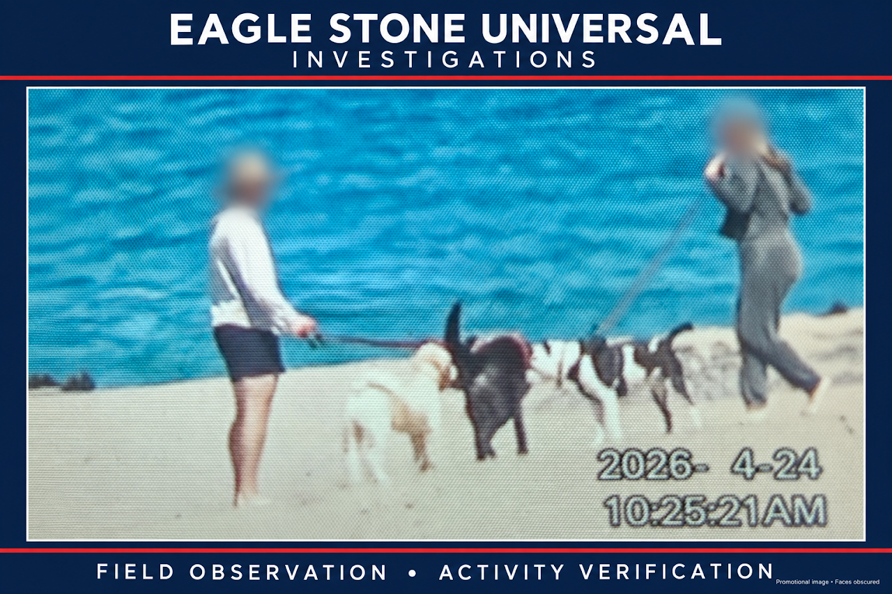 Timestamped Eagle Stone field observation photo of two people walking dogs, with faces obscured
