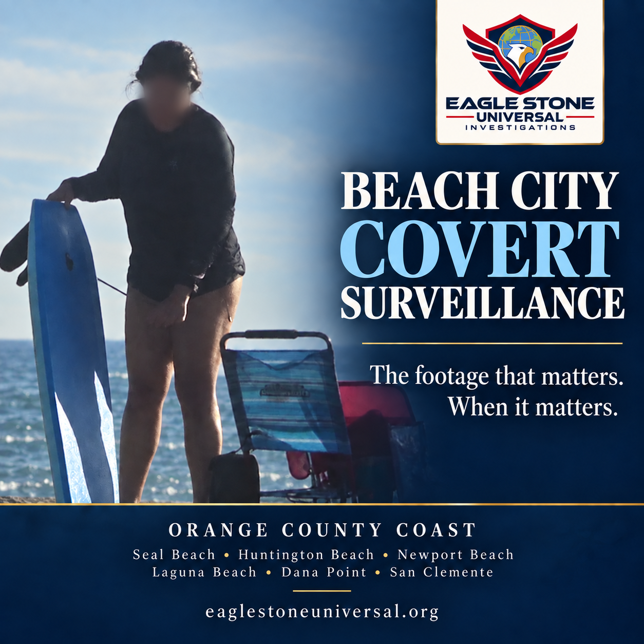 Eagle Stone coastal surveillance photograph with an obscured face and Orange County branding