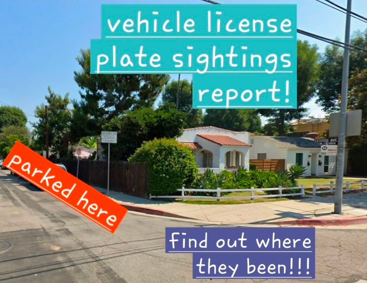 Vehicle license plate sightings report promotional image showing a street location