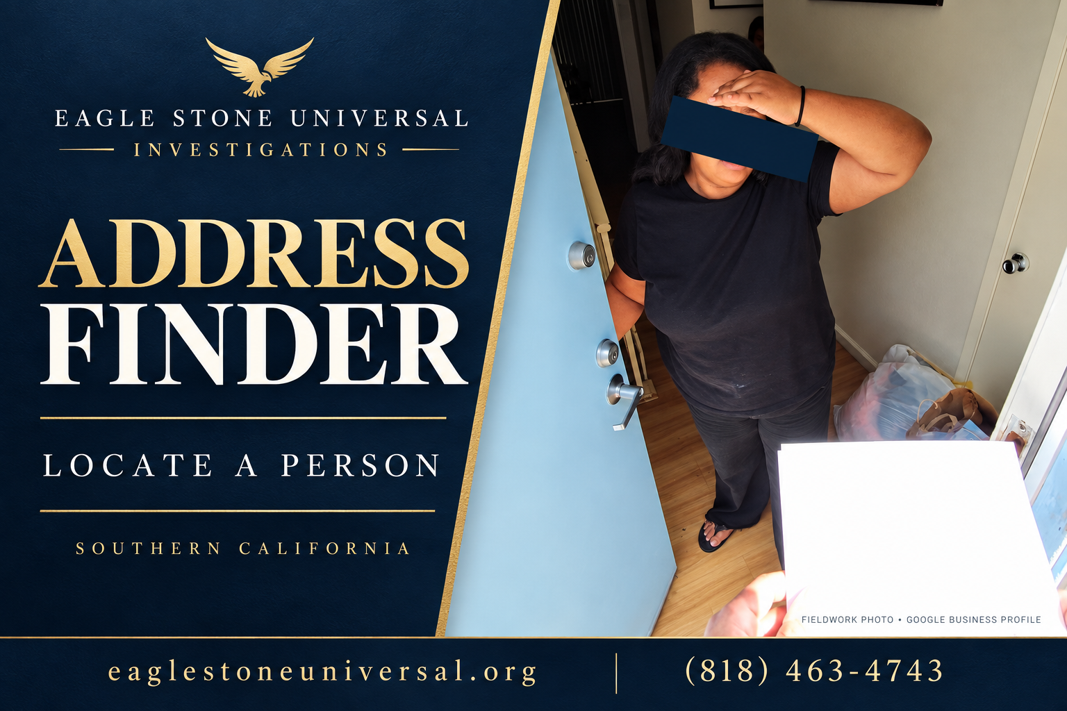 Address Finder and Locate a Person artwork using Eagle Stone’s real doorway fieldwork photo with the face obscured