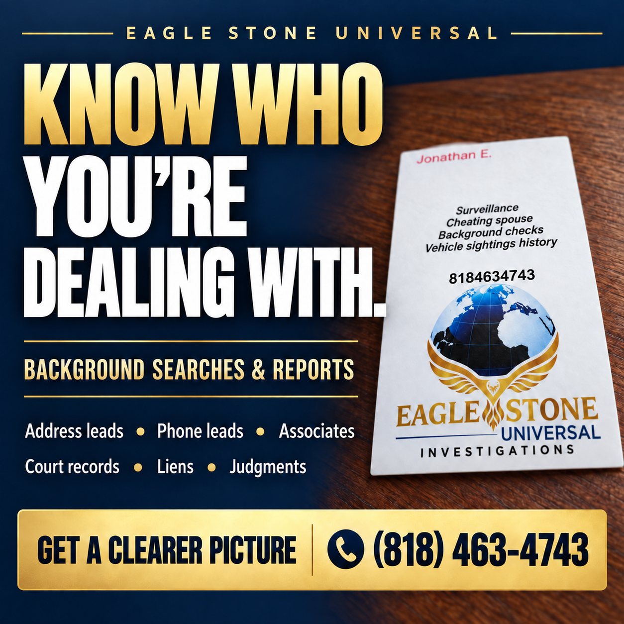 Know who you’re dealing with — background searches advertisement featuring Eagle Stone’s business-card photograph