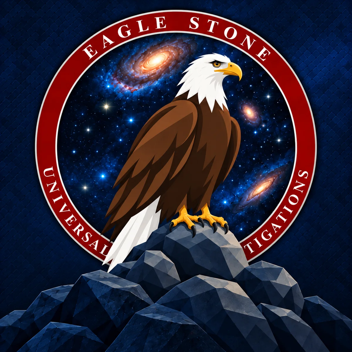 Eagle Stone's eagle perched on rocks in front of its galaxy emblem
