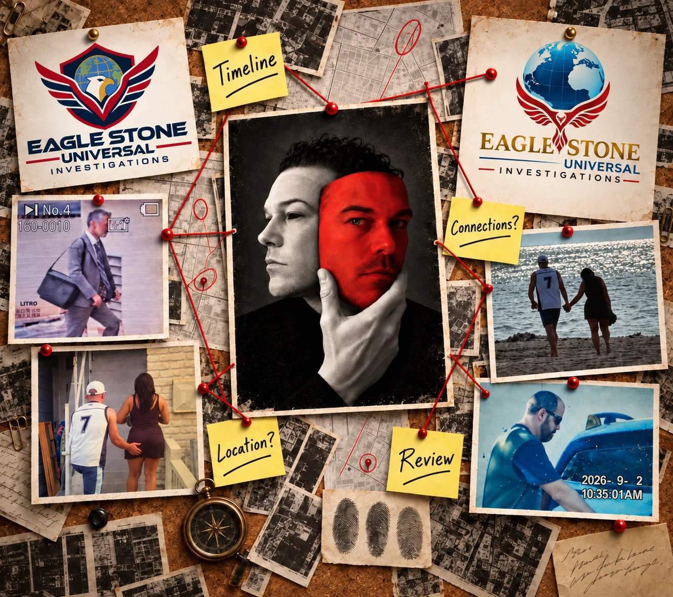 Eagle Stone investigation collage with surveillance photographs and company emblems