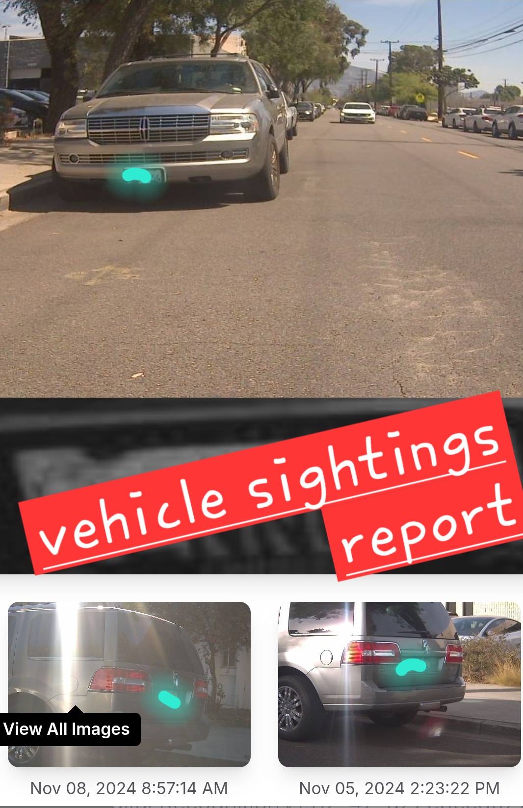 Vehicle sightings collage with obscured license plates