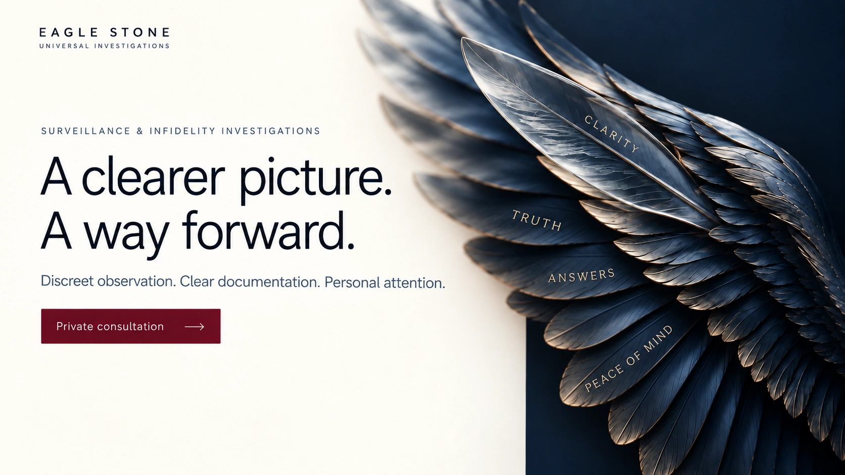 Sculpted eagle wing inscribed Clarity, Truth, Answers, and Peace of Mind.