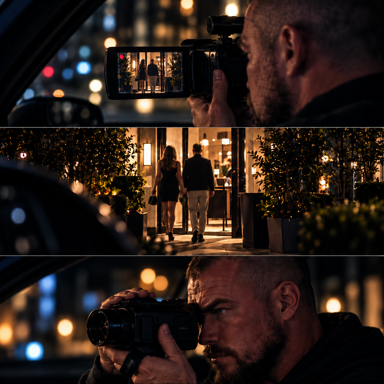 Three-panel storyboard showing an investigator filming, a couple entering a restaurant, and a close-up of the investigator at night