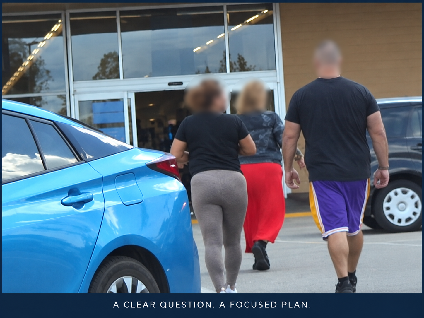 Edited Google profile photo of people walking past a blue car, with faces obscured