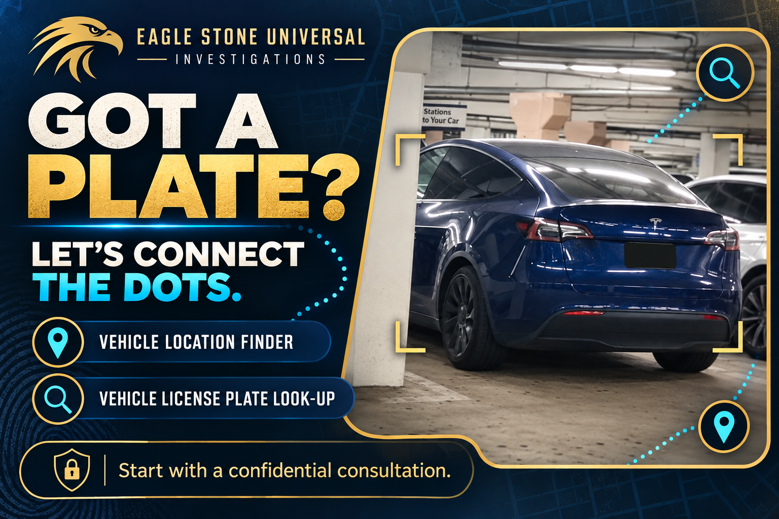 Eagle Stone vehicle location finder and license plate lookup artwork featuring a blue car and the headline Got a plate? Let’s connect the dots.