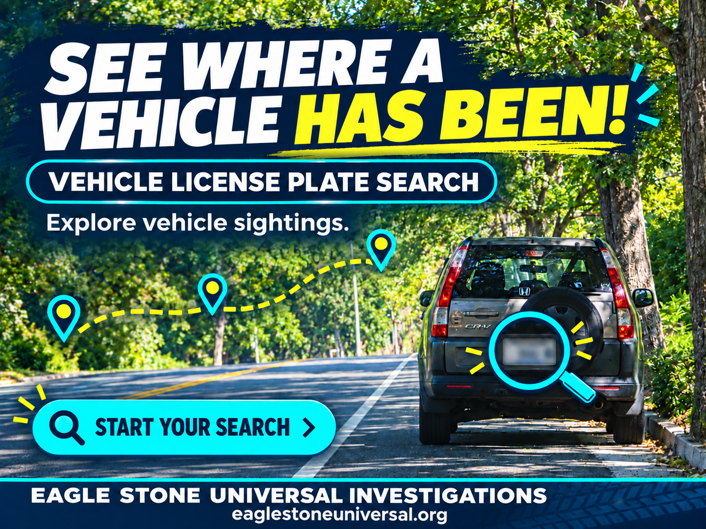 Eagle Stone vehicle license plate search graphic with a roadside SUV, blurred plate, and illustrated location pins.