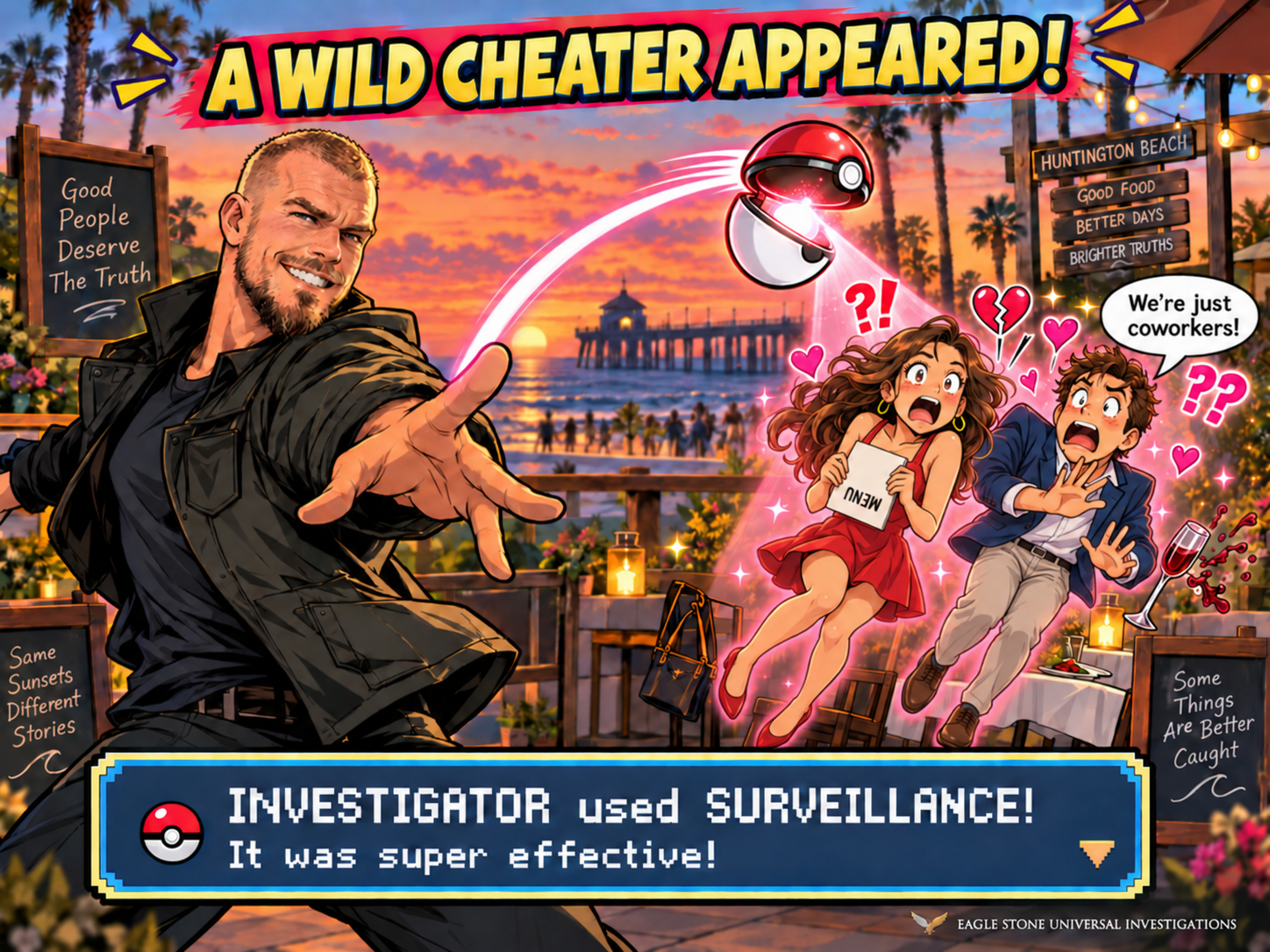 Cartoon of the Eagle Stone investigator throwing a Poké Ball that captures a surprised fictional couple in Huntington Beach